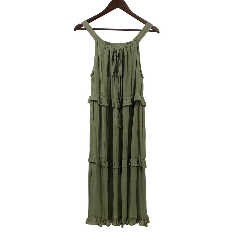 Blu Pepper Women's Olive Green Tiered Ruffle Midi Dress Size Large Boho Coastal